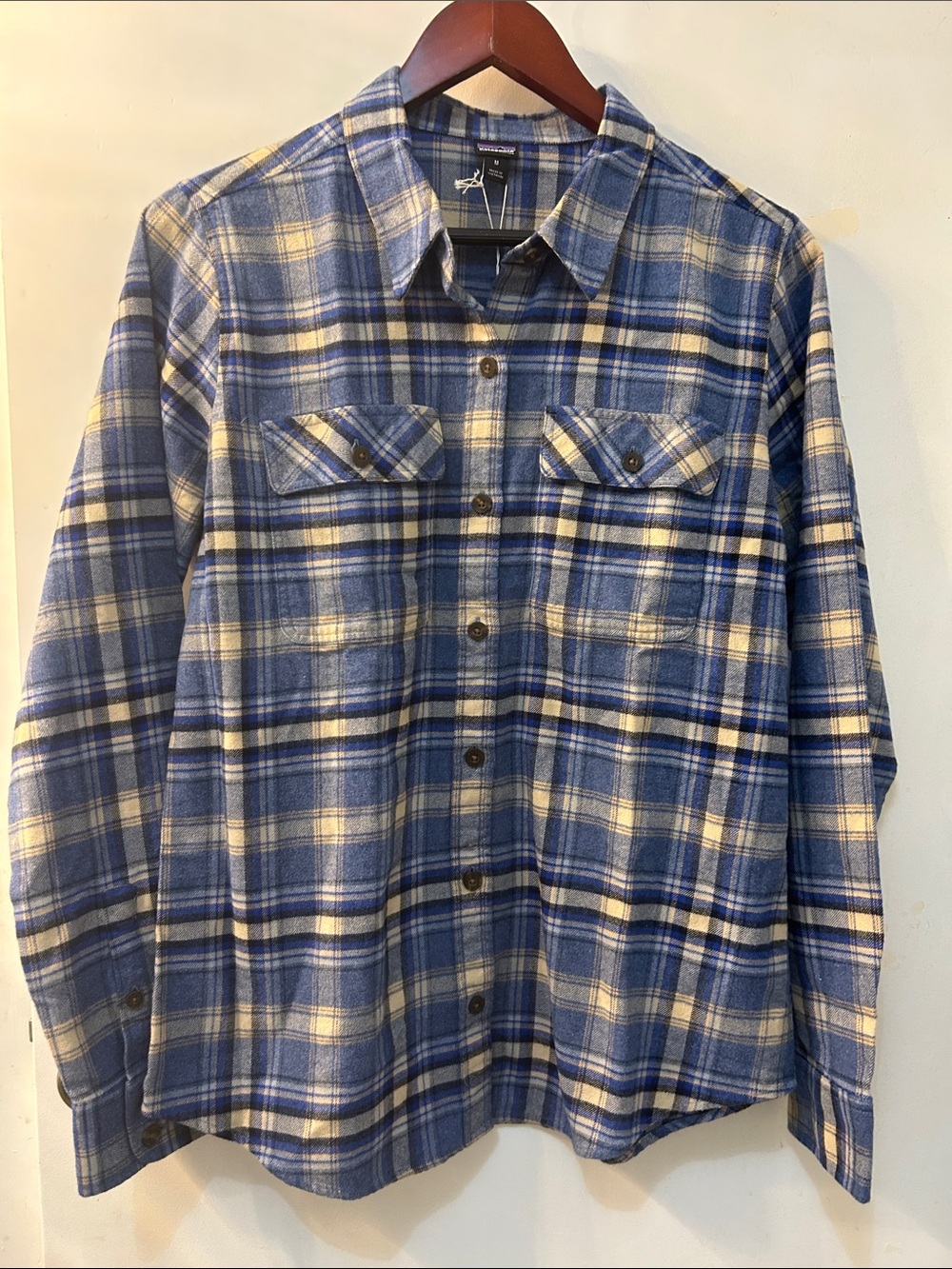 NWT Patagonia Blue & Cream Plaid Flannel Shirt organic Cotton Midweight Fjord, M